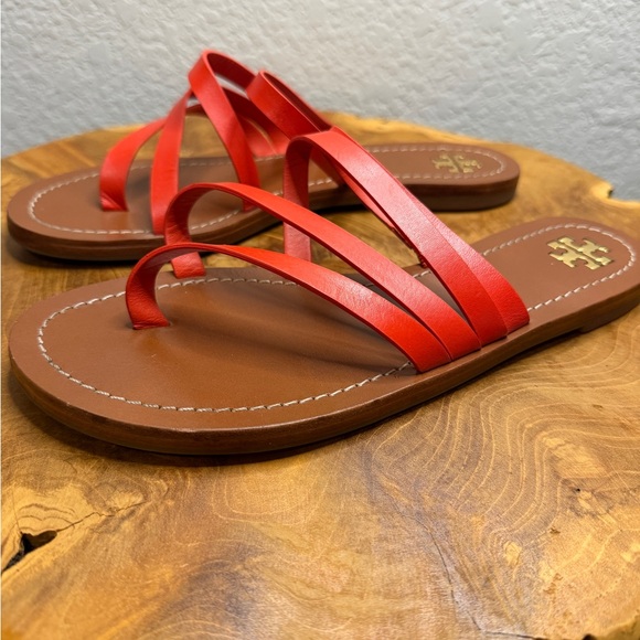 Tory Burch Patos Flat Slide Sandals in Samba Red Vachetta Leather Womens sz 7.5M - Picture 3 of 7